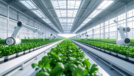 In a brightly lit, state-of-the-art greenhouse, advanced robotic arms meticulously care for endless rows of vibrant green plants. This is the future of agriculture, where technology and nature converge to create a sustainable and efficient food supply for a growing world.の素材