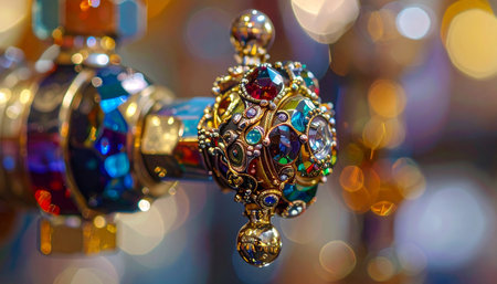 A close-up reveals the intricate craftsmanship of an opulent, gemstone-encrusted finial. Set against a backdrop of shimmering festive lights, the piece glows with an air of royalty and magic, evoking a sense of luxury and wonder.の素材