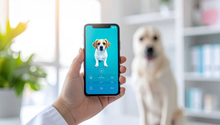 A pet owner holds a smartphone, engaging with an innovative pet care application that displays a digital avatar of a dog. In the softly blurred background, their loyal golden retriever sits patiently, symbolizing the seamless integration of technology into modern pet wellness and companionship.の素材