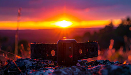 As the day ends, a vibrant sunset paints the sky in fiery hues of orange and purple. In the foreground, the dark silhouette of a metal fire pit stands over glowing embers, a symbol of warmth, gathering, and the peaceful conclusion to an adventurous day outdoors.の素材