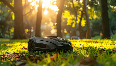 A modern robotic lawnmower rests peacefully on a lush green lawn as the warm, golden light of sunset filters through the trees. This image represents the future of smart home technology, showcasing automated, efficient, and quiet garden maintenance for a convenient and sustainable lifestyle.の素材