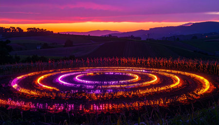 As twilight descends upon a tranquil rural landscape, vibrant concentric circles of purple and orange light pulse with energy. This long-exposure photograph captures a mystical art installation, suggesting a futuristic portal, a wave of cosmic energy, or a gateway to another dimension.の素材