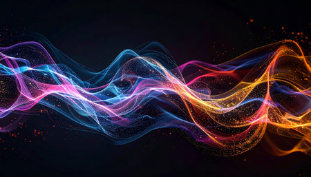 A vibrant stream of luminous energy flows across a dark void, blending a spectrum of colors from cool blues to fiery oranges. This dynamic visualization represents concepts like digital communication, sound frequency, or the flow of futuristic data, evoking a sense of power and innovation.の素材
