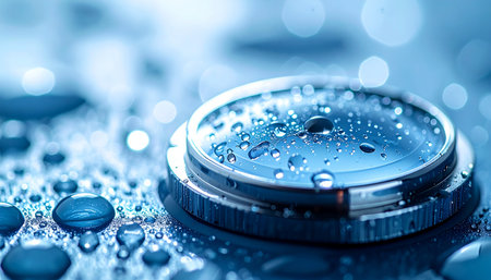 In a stunning macro view, pristine water droplets bead on the surface of a sophisticated metallic component, showcasing the pinnacle of waterproof engineering. The cool blue tones and soft bokeh background evoke a sense of high-tech precision, cleanliness, and durability against the elements.の素材