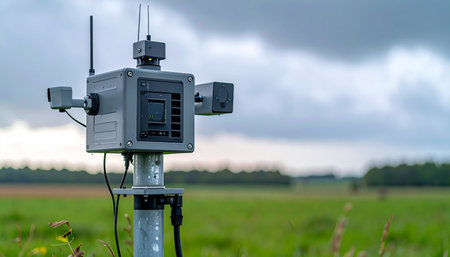 In a quiet rural field under an overcast sky, a sophisticated monitoring station stands guard. Its sensors and cameras silently collect environmental data, representing the intersection of modern technology and the natural world, crucial for agriculture, weather forecasting, and security.の素材