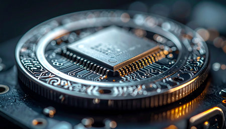 A macro view reveals the intricate heart of a next-generation processor. Seated on an ornate, coin-like base, this CPU symbolizes the fusion of advanced computing power with the future of digital finance and artificial intelligence, driving global innovation.の素材