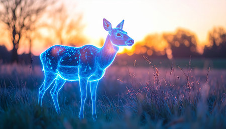 A luminous spirit deer, a glowing blue hologram, stands peacefully in a tranquil meadow as the sun sets. This surreal image blends nature and futuristic technology, evoking themes of magic, conservation, and the digital frontier.の素材