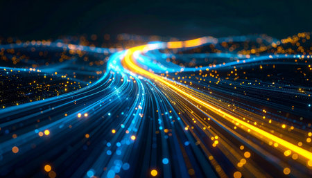 Streams of glowing data particles race along a digital superhighway, representing the immense speed and volume of information transfer in the modern world. This visual metaphor captures the essence of global connectivity, innovation, and the relentless flow of big data through fiber optic networks.の素材