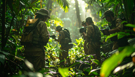 A squad of elite soldiers navigates a dense, sun-drenched jungle on a critical mission. Rays of light pierce the thick canopy, illuminating their path as they move with stealth and determination. This image captures the essence of teamwork, perseverance, and courage in a challenging and remote environment.の素材