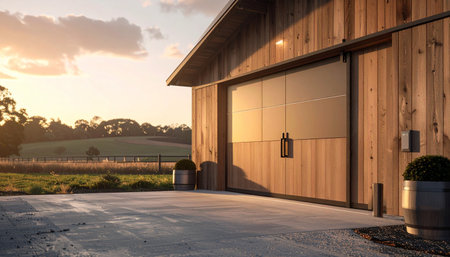 As the day ends, the warm glow of the setting sun bathes a modern wooden barn in golden light. The clean lines of the architecture blend seamlessly with the tranquil countryside, suggesting a peaceful retreat or a sophisticated rural lifestyle.の素材