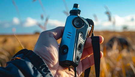 A content creator captures the last golden rays of sunlight in a vast field, using a modern action camera to share their adventure with the world. This moment represents the intersection of technology and nature, documenting a journey of exploration and freedom.の素材