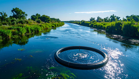 A mysterious, futuristic portal materializes on the calm surface of a serene river, sending out concentric ripples. This surreal anomaly creates a stark contrast between advanced technology and the untouched natural landscape, inviting concepts of exploration, other dimensions, and the unknown.の素材