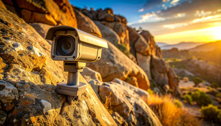 Perched high on a rugged cliff, a surveillance camera keeps a silent, watchful eye over the vast wilderness as the sun sets. This image represents the intersection of modern technology and the untamed natural world, symbolizing concepts of remote security and environmental monitoring.の素材