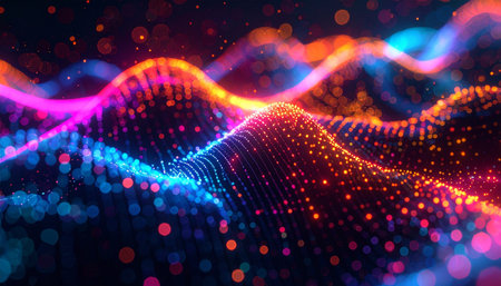 A vibrant digital landscape pulses with energy, where waves of glowing neon particles flow like a river of data. This abstract visualization represents the complex and beautiful world of information, technology, and futuristic networks, conveying concepts of innovation and connection in cyberspace.の素材