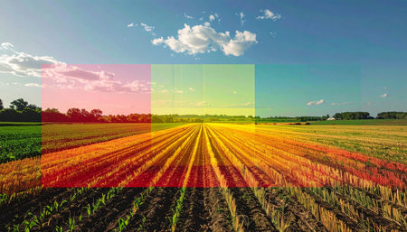 A digital overlay visualizes critical growth data across a sprawling field of young crops. This represents the intersection of nature and technology, showcasing the future of smart farming where data-driven insights lead to greater efficiency and sustainable yields.の素材