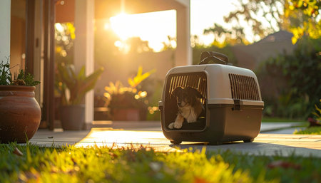 A small pet sits patiently inside its travel carrier on a homes patio, bathed in the warm, golden light of a setting sun. The scene evokes a sense of anticipation, adventure, or a new beginning, perfect for concepts related to moving, travel, or pet care.の素材