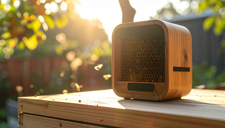 An innovative smart beekeeping device sits atop a modern hive as honeybees swarm in the warm, golden light of a summer sunset. This image represents the intersection of technology and nature, symbolizing advancements in sustainable agriculture, apiculture, and environmental monitoring.の素材