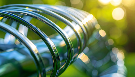 A gleaming, modern bicycle rack curves gracefully in the warm, golden light of a sun-drenched park. The soft, out-of-focus green background evokes a sense of tranquility and sustainable urban living, a quiet invitation for a healthy commute or a leisurely ride.の素材