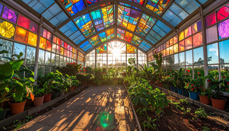 Morning sun streams through a magnificent stained-glass roof, casting a vibrant kaleidoscope of colors onto the lush plants below. This magical sanctuary offers a peaceful escape, a place of growth, inspiration, and quiet wonder.の素材