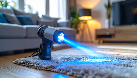 A powerful, portable UV light sanitizing device emits a glowing blue beam to disinfect a carpet in a modern living room. This image represents the future of home hygiene, showcasing advanced technology for a cleaner, safer living environment.の素材
