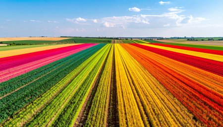 A breathtaking aerial perspective captures the stunning geometry and vibrant colors of a massive flower field. Endless rows of tulips, organized like a living rainbow, stretch towards the horizon under a clear blue sky, celebrating the beauty of nature and agriculture in full bloom.の素材