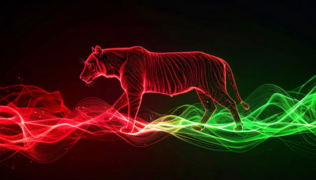 A spectral tiger, formed from pure red energy, prowls through a digital landscape. It walks upon flowing waves of red and green light, a powerful and mystical vision of wildlife reimagined in a futuristic, abstract world. This image symbolizes raw power, digital nature, and untamed energy.の素材