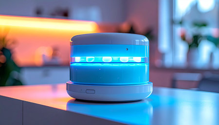In a contemporary home, a smart AI assistant glows with a cool blue light, ready to respond to commands. The ambient lighting in the background creates a warm, inviting atmosphere, highlighting the seamless integration of futuristic technology into modern daily life and the convenience of a connected home.の素材