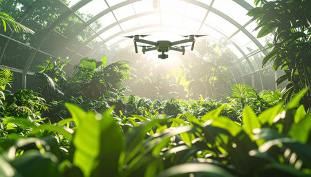 In a sun-drenched, state-of-the-art vertical farm, an autonomous AI drone conducts its morning survey. It hovers silently above rows of vibrant green crops, using advanced sensors to monitor plant health and optimize growing conditions. This image represents the future of sustainable agriculture, where technology and nature work in harmony.の素材