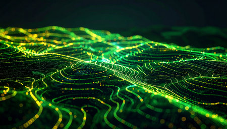 Luminous green and yellow particles flow across a digital terrain, forming a complex network of interconnected data. This abstract visualization represents the intricate flow of information in a futuristic technological landscape, symbolizing concepts like big data, artificial intelligence, and global connectivity.の素材