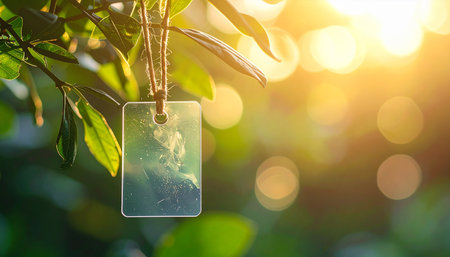 A clear, blank tag hangs from a leafy branch, bathed in the warm glow of golden hour sunlight. The soft bokeh background creates a serene and hopeful atmosphere, offering a perfect natural canvas for an eco-friendly message, brand identity, or inspirational quote.の素材