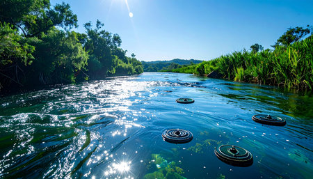 Inner tubes drift peacefully down a crystal-clear river, carried by a gentle current through a lush tropical jungle. The bright sun sparkles on the waters surface, inviting a sense of serene adventure and ultimate relaxation on a perfect summer day. This is an idyllic escape into a pristine natural paradise.の素材