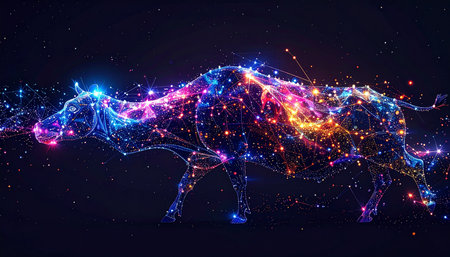 A powerful bull, formed from a vibrant cosmic nebula and a network of glowing data points, charges forward through the darkness. This image symbolizes the dynamic energy of a bullish market, the interconnectedness of global finance, and the limitless potential of future technological innovation and growth.の素材