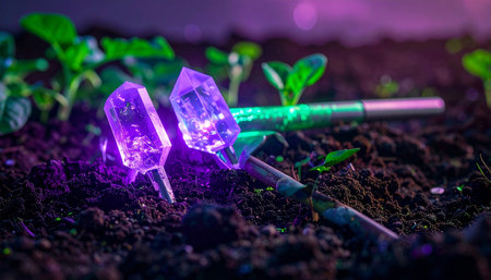 In a hidden, otherworldly garden, luminous purple crystals pulse with magical energy, nurturing the growth of mysterious new seedlings in the rich, dark earth. A scene of fantasy, alchemy, and the discovery of powerful natural wonders.の素材