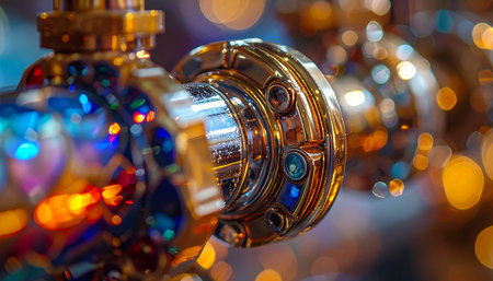 A close-up view of a complex, ornate control dial from a futuristic or steampunk machine. Adorned with intricate details and colorful gems, it glows against a backdrop of vibrant bokeh lights, suggesting advanced technology, time travel, or a magical artifact.の素材