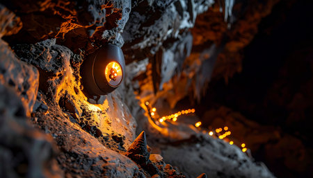 A warm, glowing lantern hangs on the ancient rock wall, casting an inviting light into the deep darkness. A trail of smaller lights follows a hidden path, beckoning explorers to venture further into the mysterious underground world and uncover its secrets.の素材
