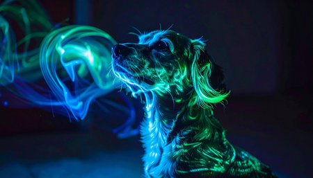 A mystical canine spirit materializes from ethereal wisps of glowing blue and green smoke. This abstract and magical representation evokes concepts of dreams, imagination, and the supernatural, set against a dark, mysterious background.の素材