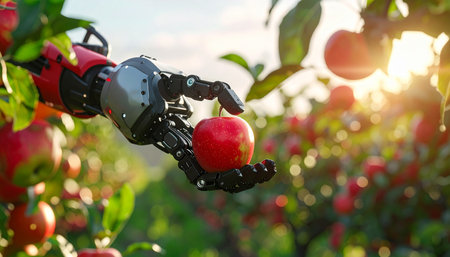 In the golden light of dawn, a robotic arm delicately picks a ripe red apple, showcasing the seamless integration of advanced technology and nature. This is the future of smart farming, where precision automation ensures a perfect, efficient harvest.の素材