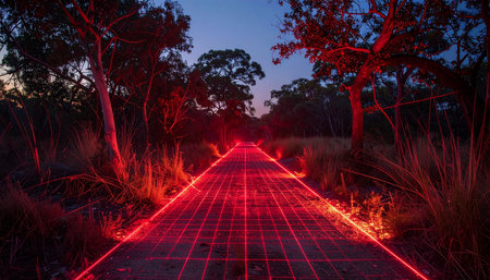 A glowing red laser grid cuts a path through the deepening twilight of a dense forest, creating a surreal juxtaposition of the natural world and a digital frontier. This conceptual image represents the intersection of technology and nature, the future of exploration, and the mysterious pathways of the virtual world.の素材