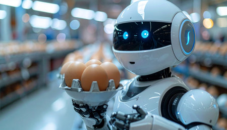In a glimpse of the near future, a sophisticated humanoid robot carefully selects a carton of fresh eggs in a brightly lit supermarket, illustrating the seamless integration of AI and automation into everyday tasks like grocery shopping.の素材