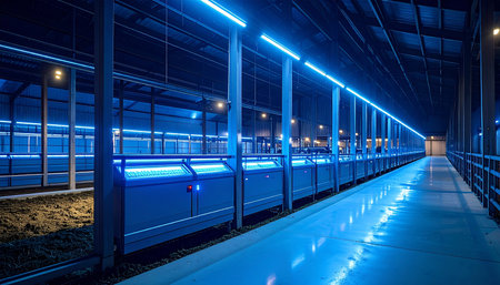 A long, modern pedestrian walkway is illuminated by cool blue neon lights at night. The glowing reflections on the polished floor create a futuristic and serene atmosphere, leading the eye towards a distant vanishing point. This empty urban corridor evokes a sense of quiet solitude and technological progress.の素材
