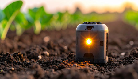 At the golden hour of sunset, an advanced IoT sensor glows softly as it rests in the fertile soil of a modern farm. This piece of agritech is silently monitoring conditions, collecting vital data to ensure optimal crop growth and a sustainable, efficient future for agriculture.の素材