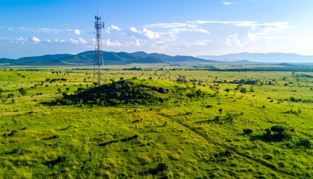 An aerial drone captures a modern telecommunications tower standing tall amidst a vast, untouched green landscape. This image symbolizes the expansion of digital connectivity into remote rural areas, bridging the gap between natures tranquility and technological progress.の素材
