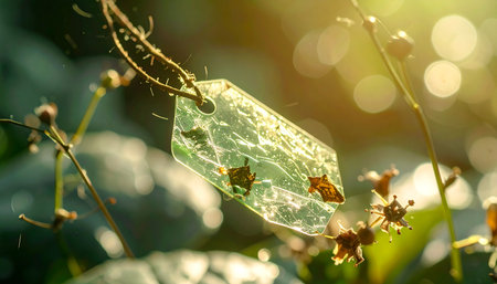 A raw green crystal hangs delicately from a flowering branch, catching the warm, golden glow of morning sunlight. The background is a soft, ethereal bokeh, creating a magical and serene atmosphere perfect for concepts of nature, healing, and spirituality.の素材