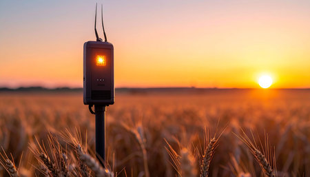 As the sun sets over a vast golden wheat field, a smart sensor stands sentinel, its light glowing with collected data. This image represents the fusion of nature and technology, symbolizing the future of agriculture, precision farming, and sustainable food production through innovation.の素材