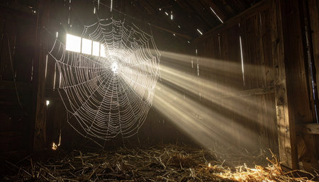 In the quiet stillness of a forgotten barn, golden sunbeams pierce the dusty darkness through an old window. They illuminate a masterpiece of nature - an intricate spiderweb, catching the light and revealing the beauty hidden in abandoned places. The scene evokes a sense of mystery, hope, and the quiet passage of time.の素材