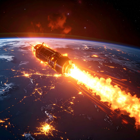 From the silent void of space, a hypersonic object makes its fiery descent through the atmosphere. Plunging towards the glowing city grids below, its trail of fire and smoke paints a dramatic and ominous picture against the darkness, symbolizing immense power and the cutting edge of modern warfare technology.の素材