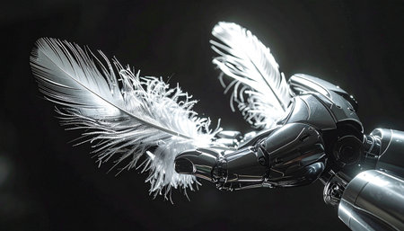 In a display of incredible precision and gentleness, a futuristic robotic hand delicately holds a soft, white feather. This image symbolizes the intersection of technology and nature, exploring themes of artificial intelligence, sensitivity, and the future of humanity.の素材