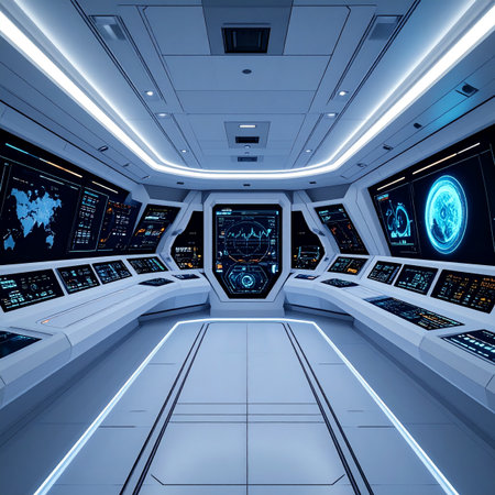 The command center of a state-of-the-art starship stands ready, its holographic displays and control panels glowing with blue light. This is the nerve center for interstellar exploration, a silent testament to future technology and the dawn of a new era in space travel.の素材