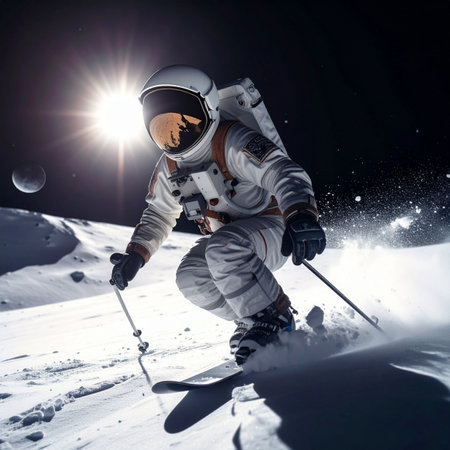 An astronaut carves through fresh powder on a distant lunar slope, the sun glaring brightly against the dark cosmic backdrop. This image captures a surreal blend of space exploration and extreme winter sports, symbolizing the limitless potential of human ambition and the spirit of adventure in uncharted territories.の素材
