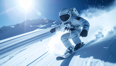 An astronaut carves fresh tracks on a pristine, snow-covered mountain, blending the thrill of extreme sports with the wonder of space exploration. This image captures a moment of pure joy and freedom, imagining a future where adventure knows no bounds, not even on distant, icy worlds.の素材